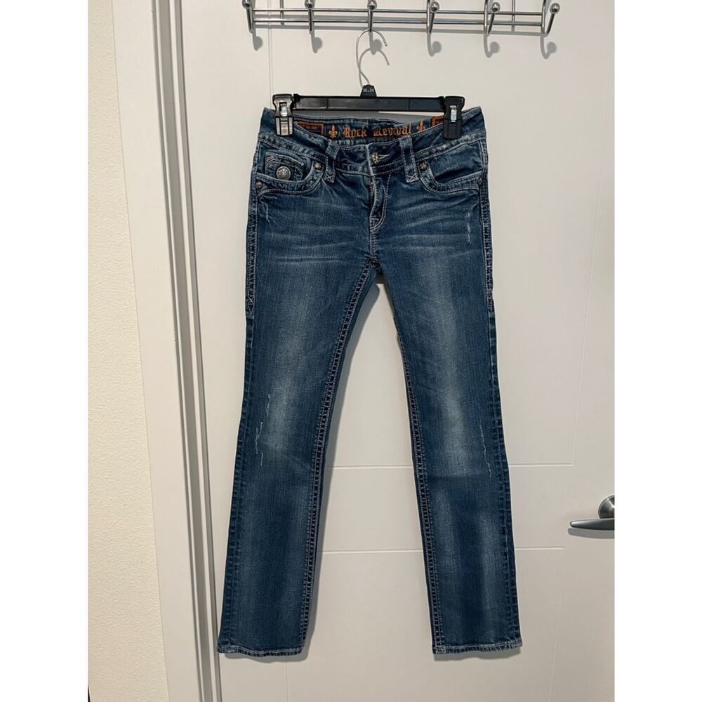 Rock Revival Tori Straight Blue Factory Distressed Denim Jeans Western Rodeo